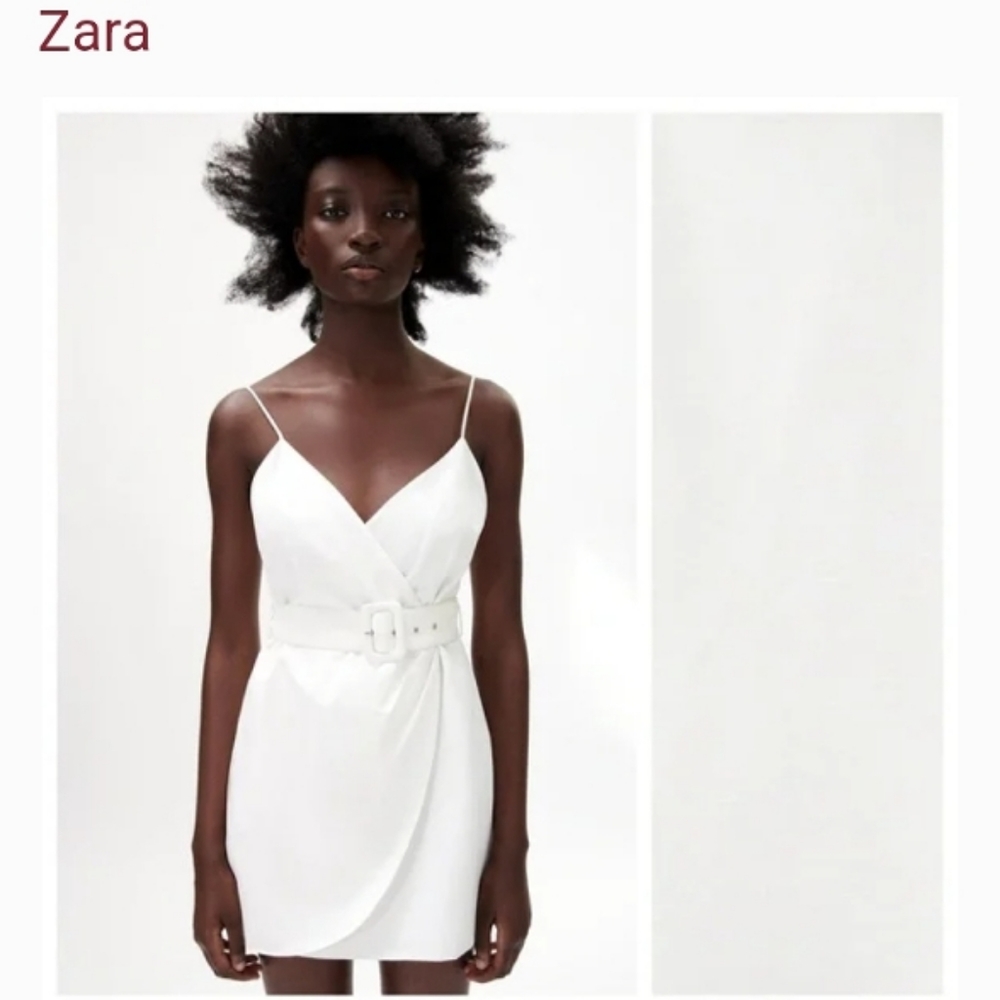 ZARA WOMEN'S BELTED MINI LINEN + COTTON BLEND WRAP DRESS WHITE LARGE NWT